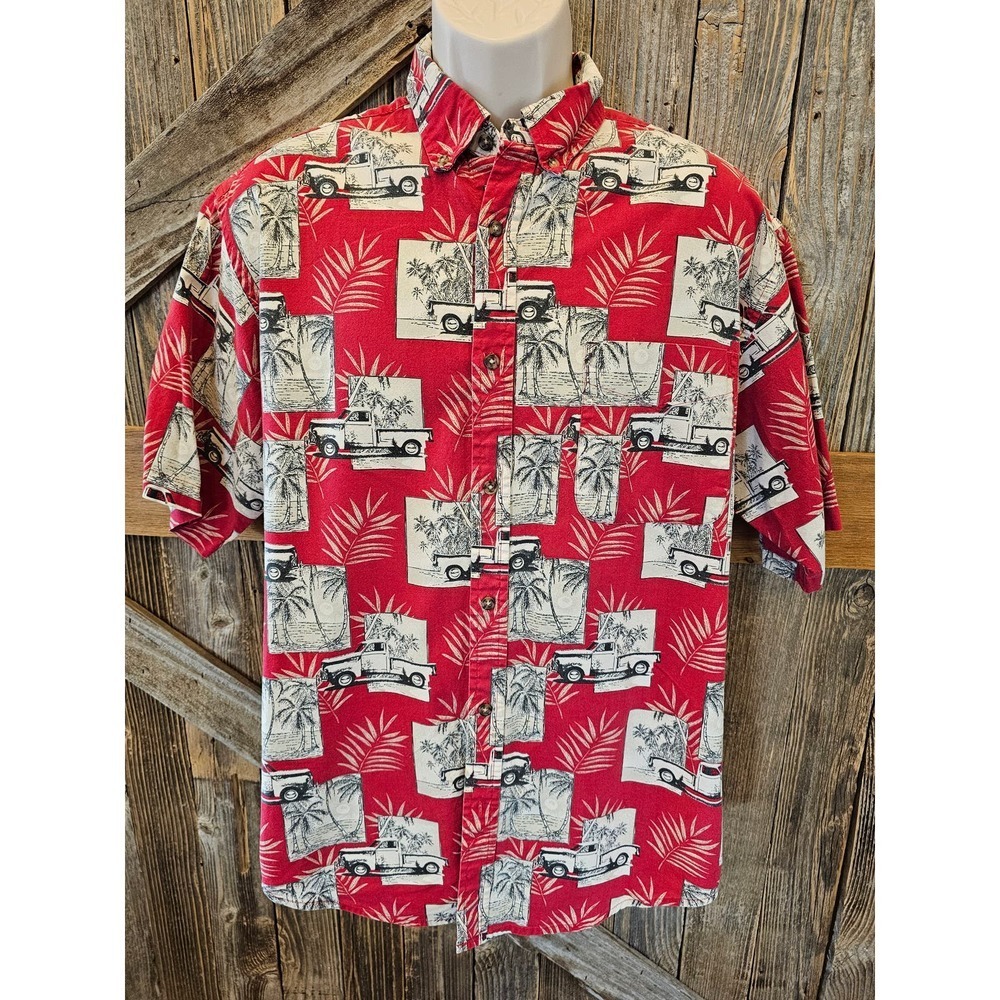 Puritan Hawaiian Shirt Adult Large Red Floral Car Cotton Short Sleeve EUC ^